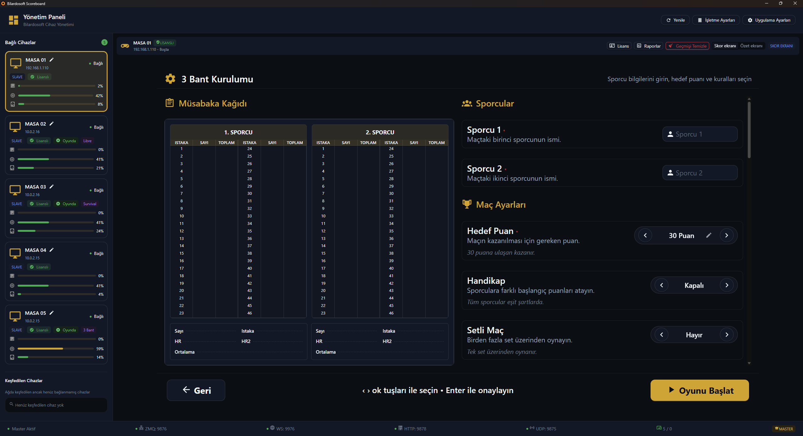 Bilardo skorbord yönetim paneli oyun kurulum ekranı - Oyun türü ve kural seçimi