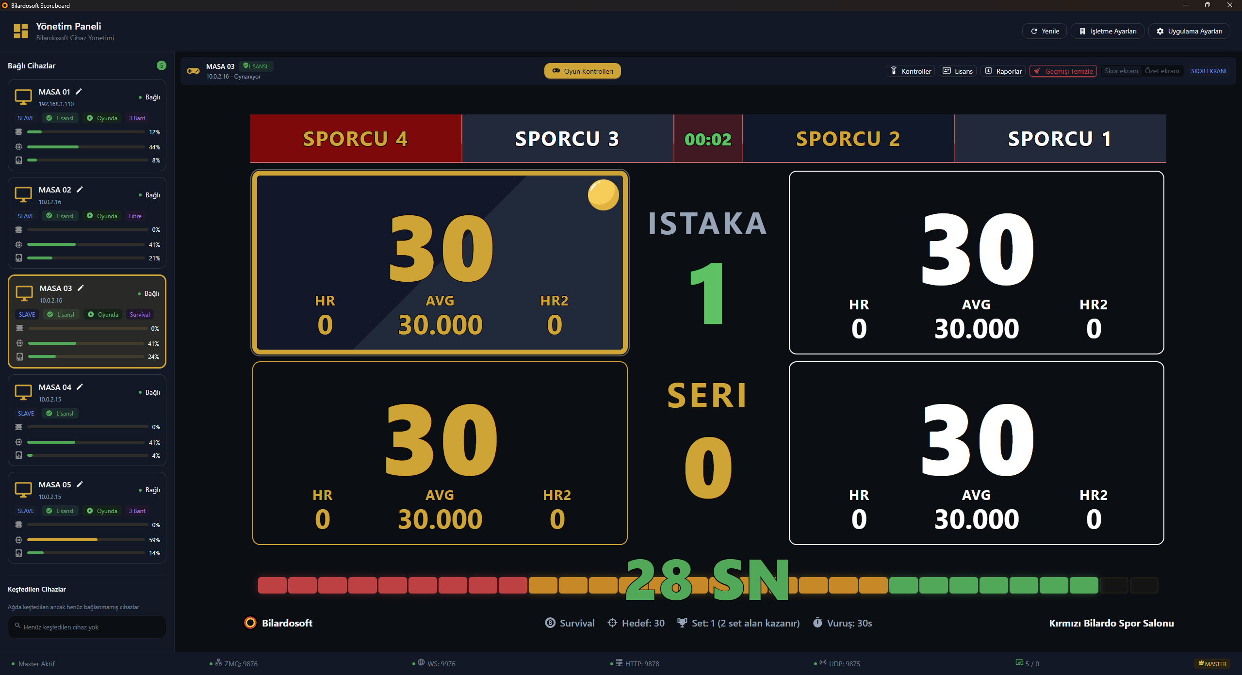 Bilardo dijital skorbord eleme modu yönetim ekranı - Turnuva ve survival oyun takibi