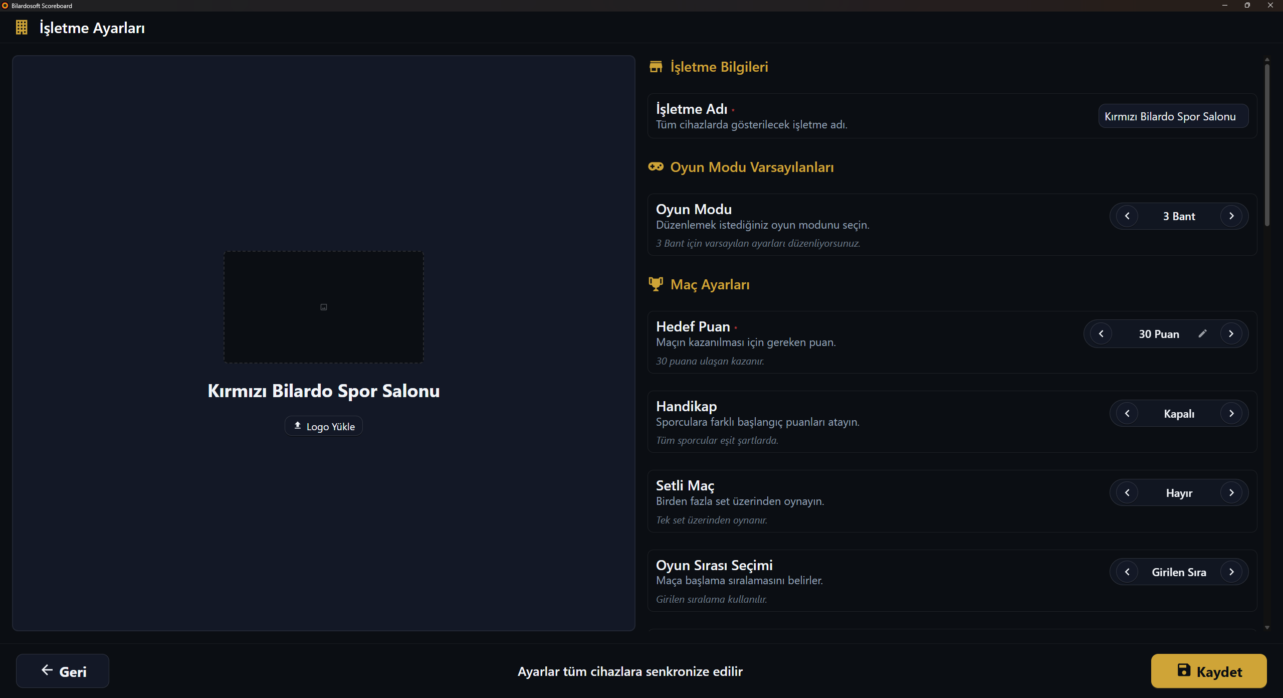 Bilardo salonu yazılımı işletme ayarları - Salon adı, logo ve özelleştirme
