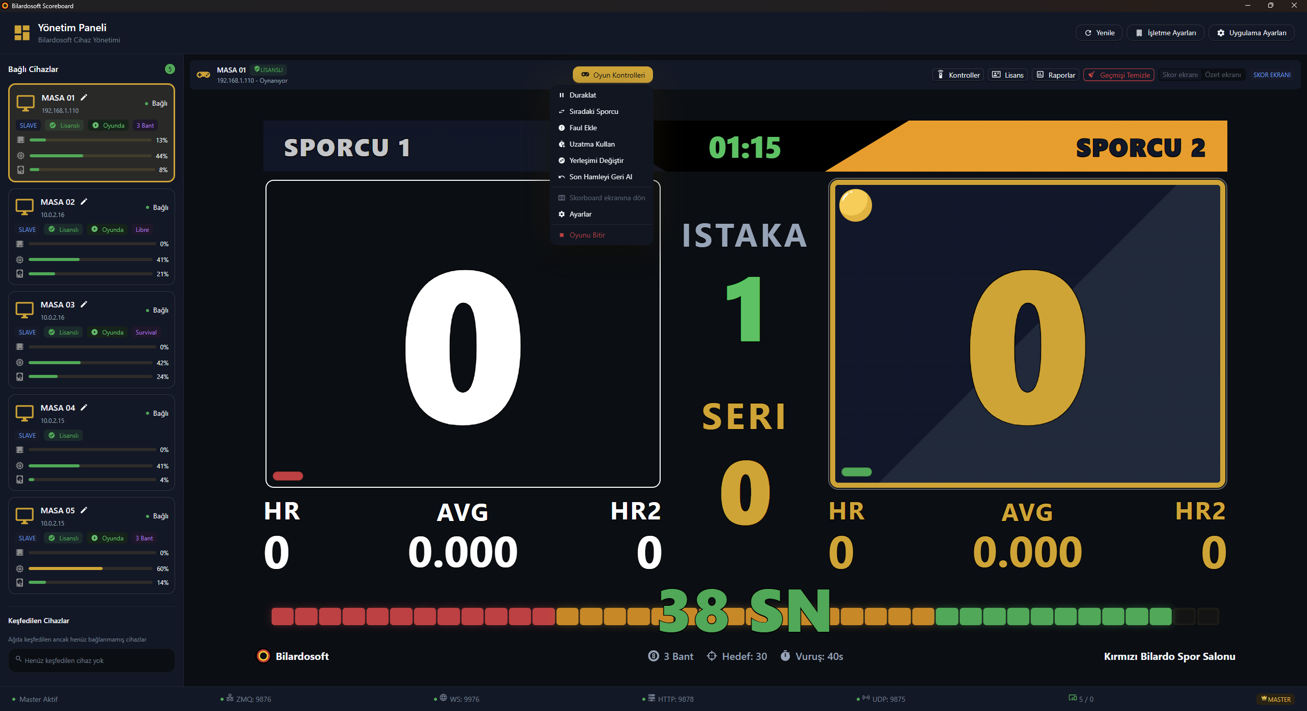 Bilardo scoreboard yönetim paneli aktif oyun detay ekranı - Skor ve istatistik