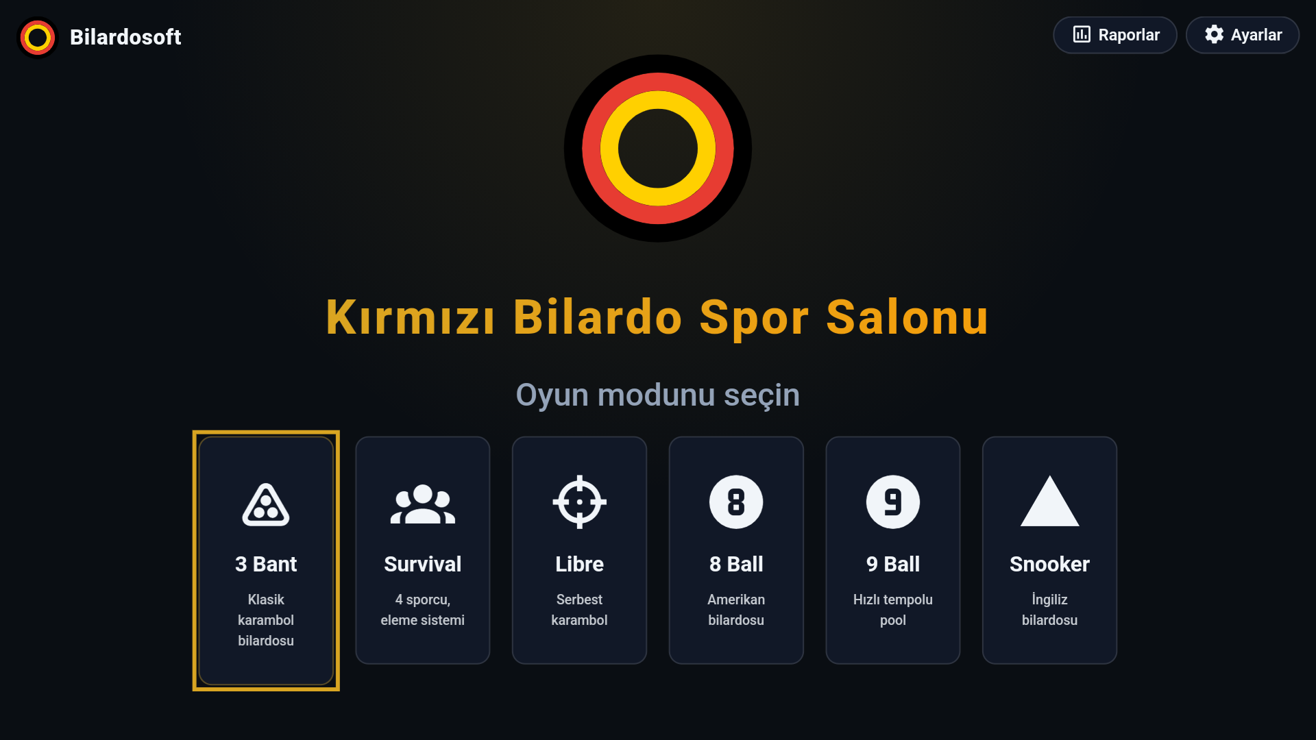 Bilardosoft scoreboard ana menü ekranı - Hızlı erişim ve oyun başlatma