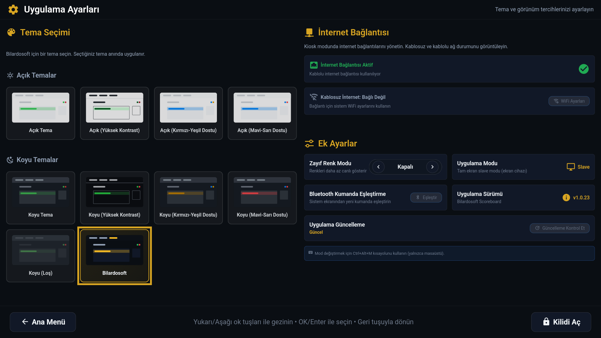 Bilardo dijital scoreboard uygulama ayarları - Dil, tema ve bağlantı yapılandırması