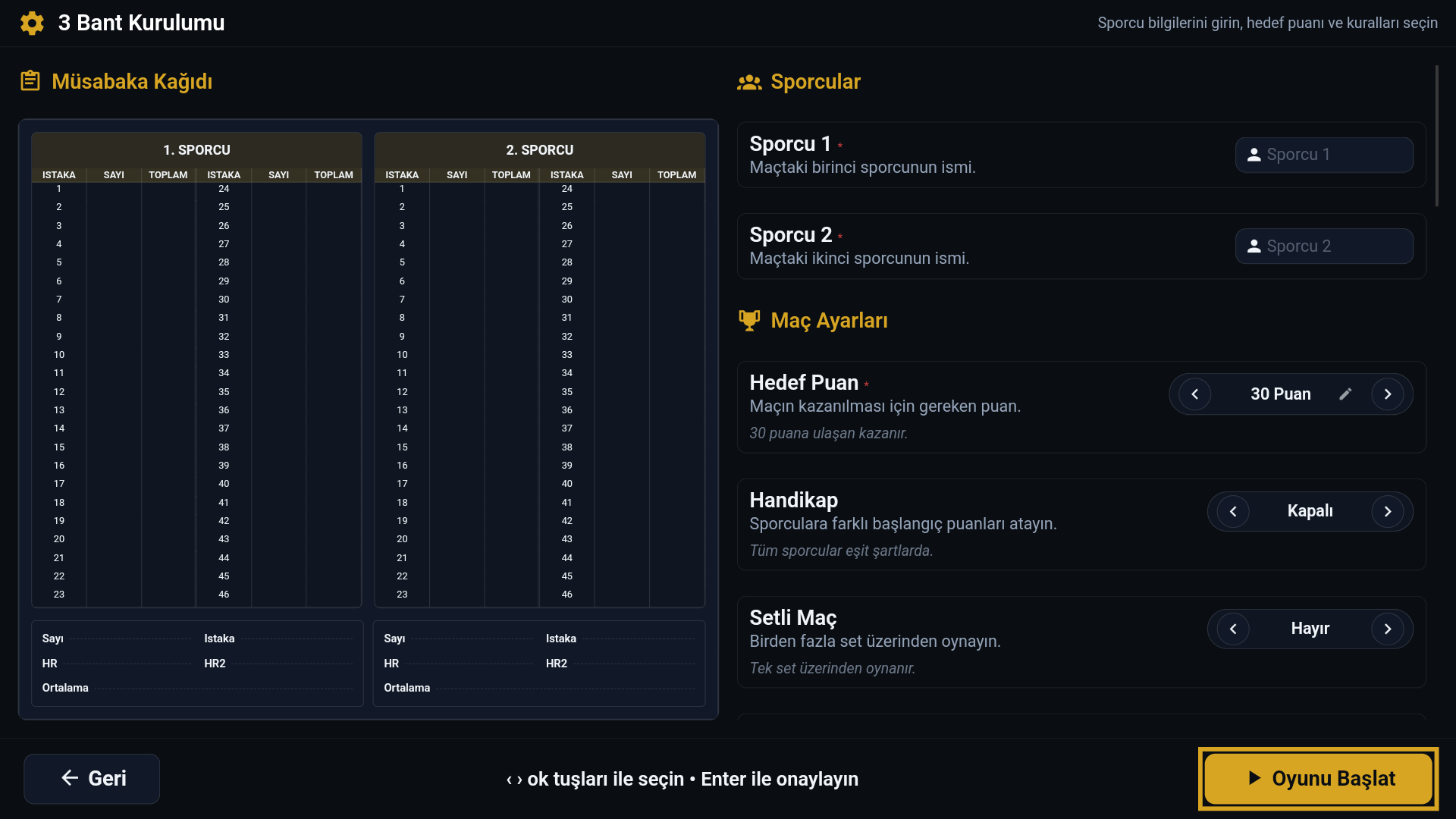 3 bant bilardo scoreboard oyun kurulum ekranı - Oyuncu, puan ve süre ayarları