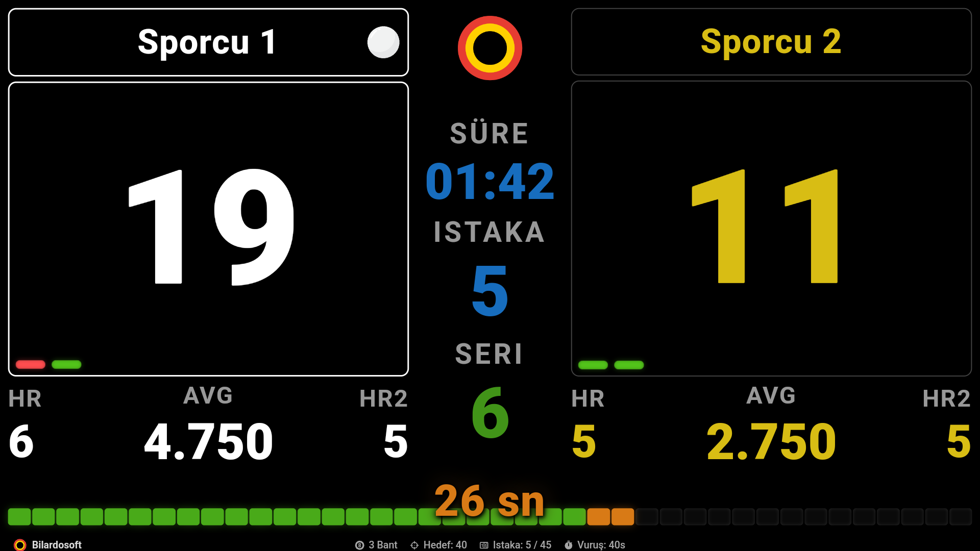 Bilardosoft Tablet Görünümü - İstatistik ve Seri Takibi