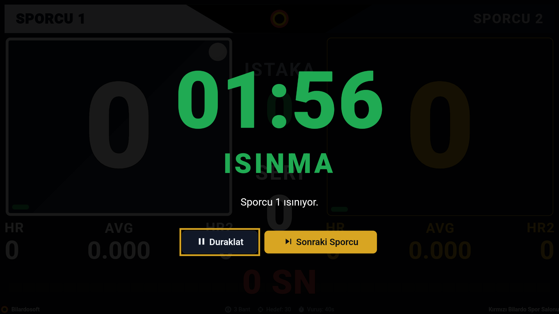 Bilardo scoreboard ısınma ekranı - Maç öncesi sayaç ve oyuncu bilgileri