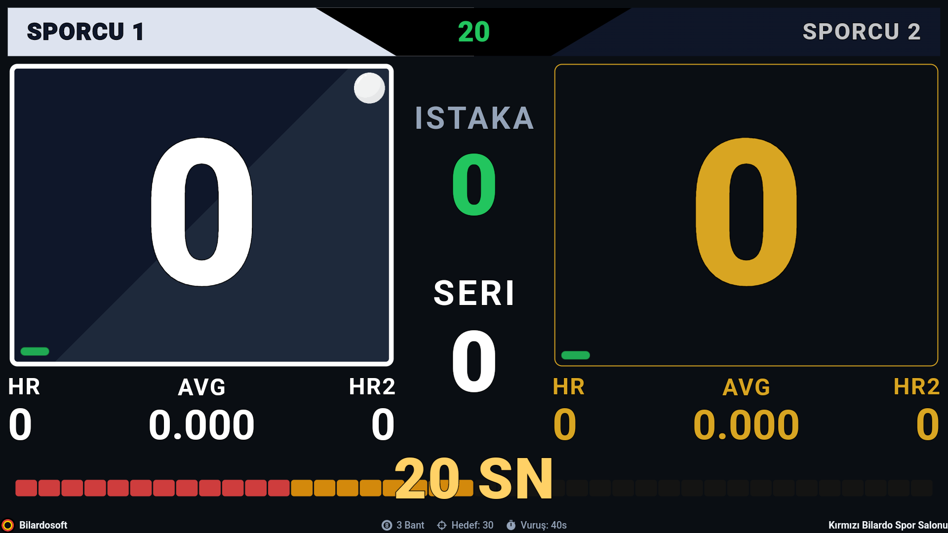 Bilardo dijital scoreboard aktif oyun ekranı - 3 bant skor takibi ve ortalama