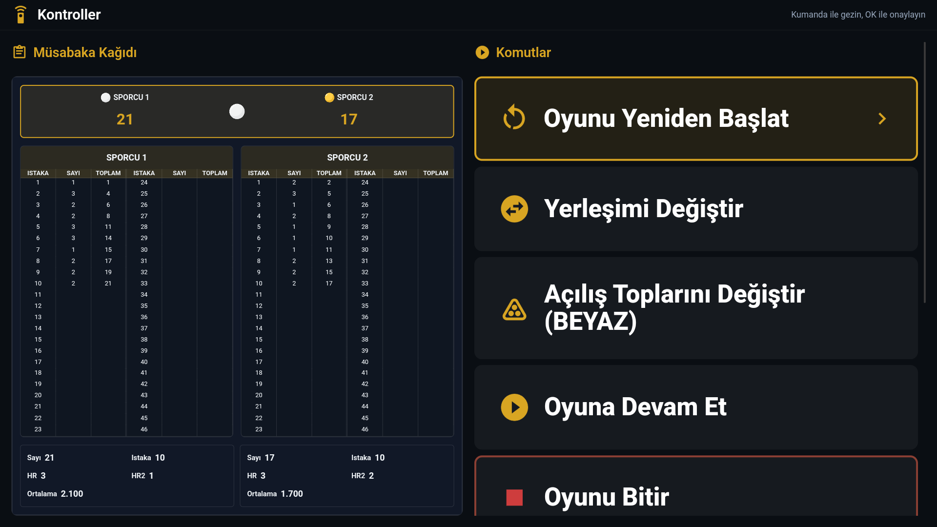 Bilardo scoreboard oyun kontrol sayfası - Skor artırma, azaltma ve ayarlar