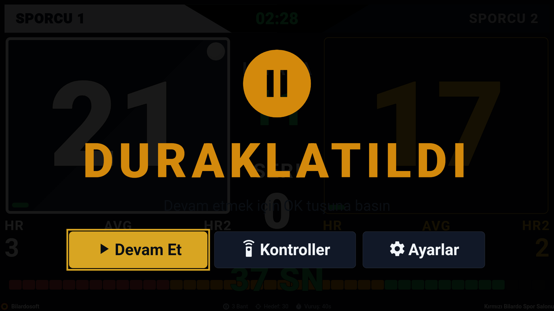 Bilardo dijital skorbord duraklatma ekranı - Mola ve bekleme sayacı