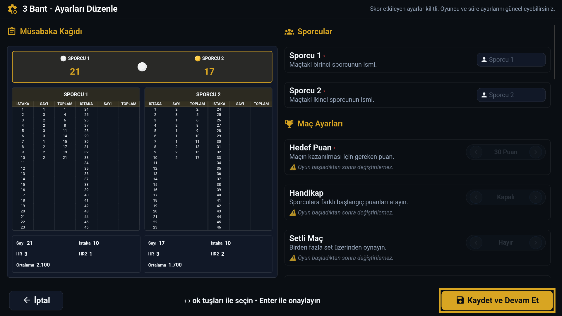Bilardo scoreboard aktif oyun ayarları - Oyun sırasında kural değişikliği