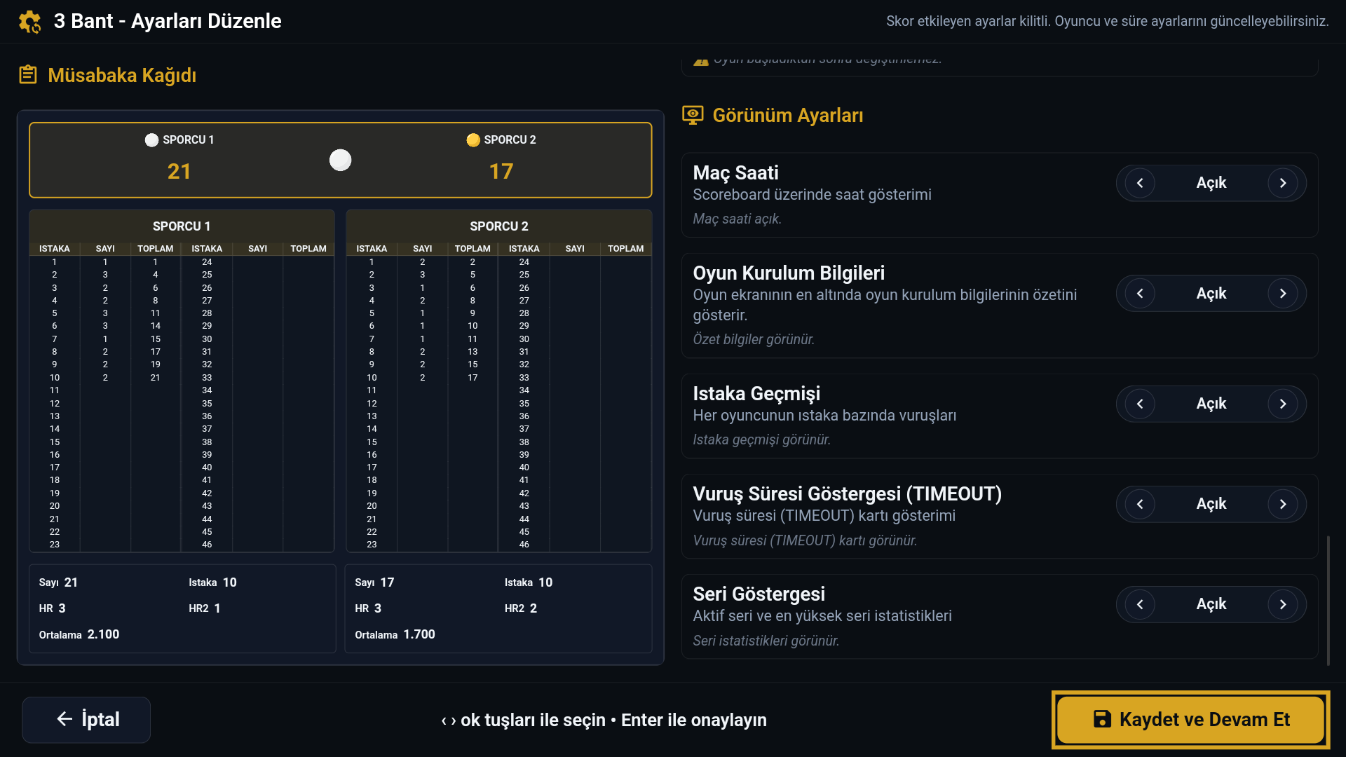 Bilardo skorbord aktif oyun kilitli ayarlar - Güvenli mod ve yetki kontrolü