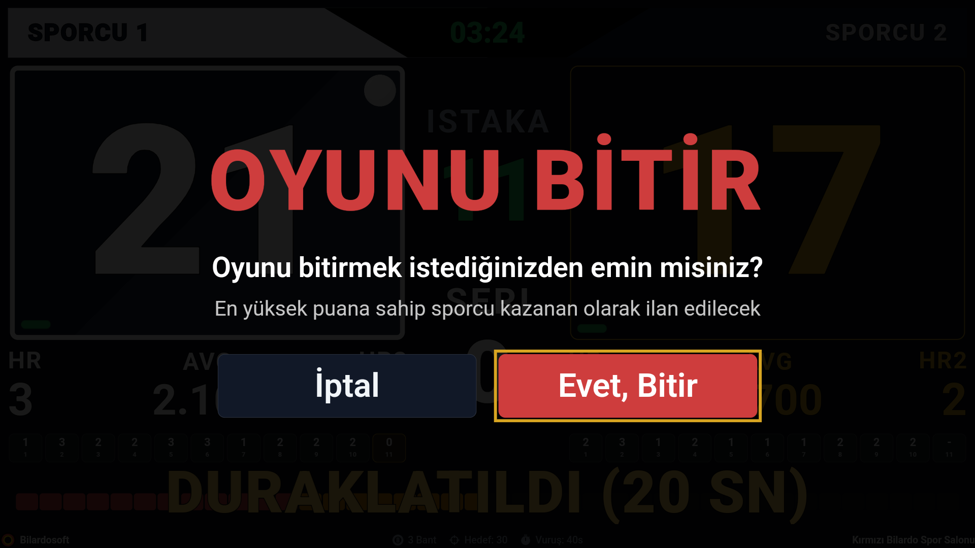 Bilardo scoreboard oyun bitirme onay ekranı - Maç sonlandırma ve kaydetme