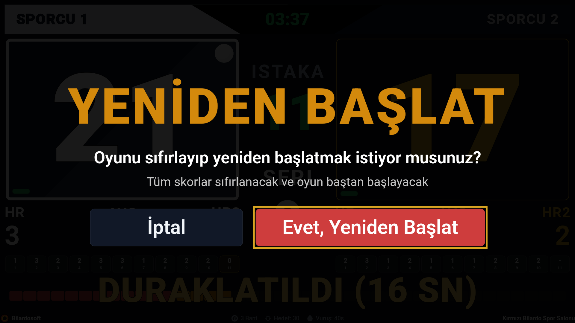 Bilardo dijital skorbord oyun yeniden başlatma onay ekranı
