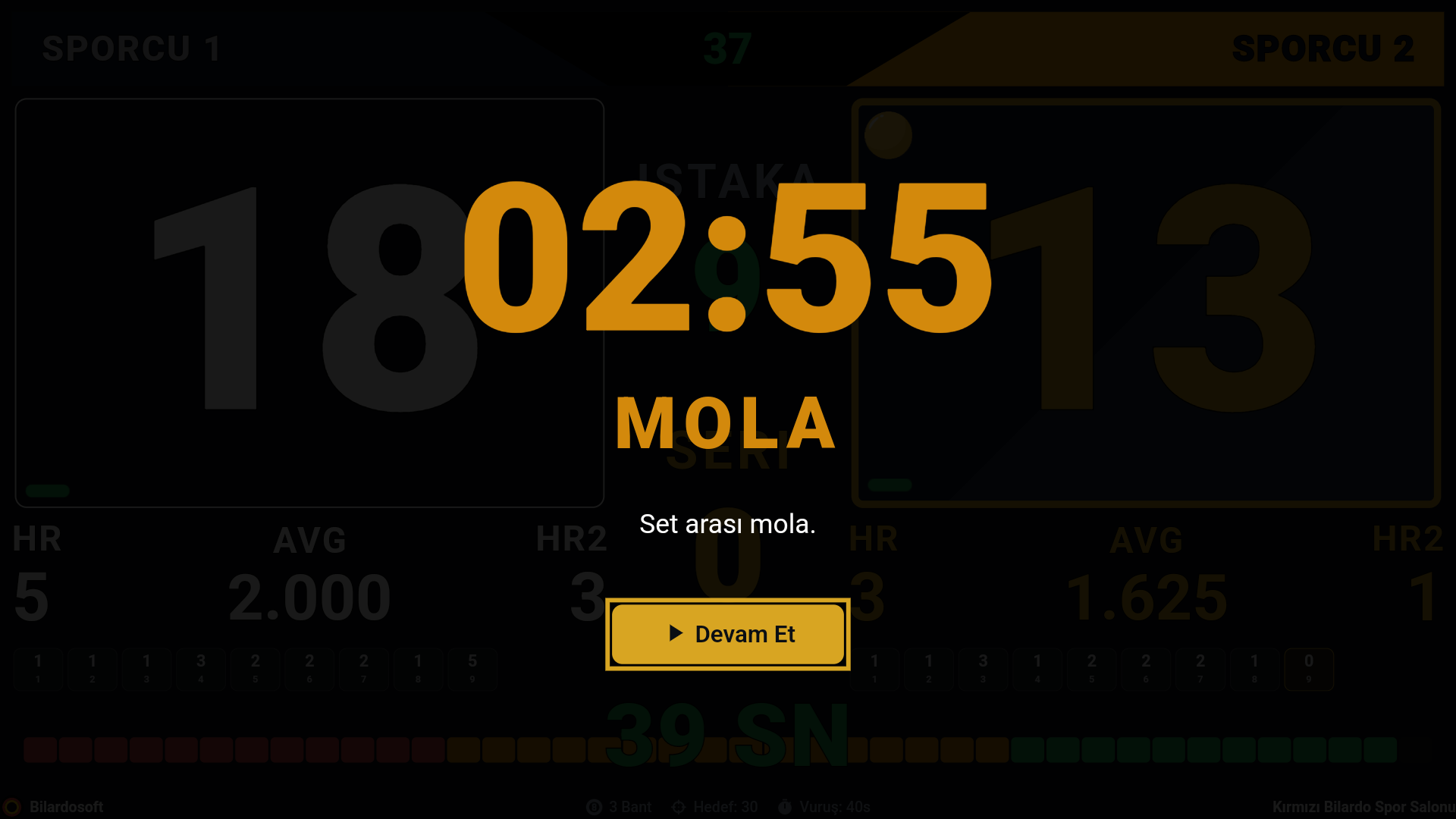 Bilardo scoreboard mola ekranı - Geri sayım ve oyuncu bilgileri