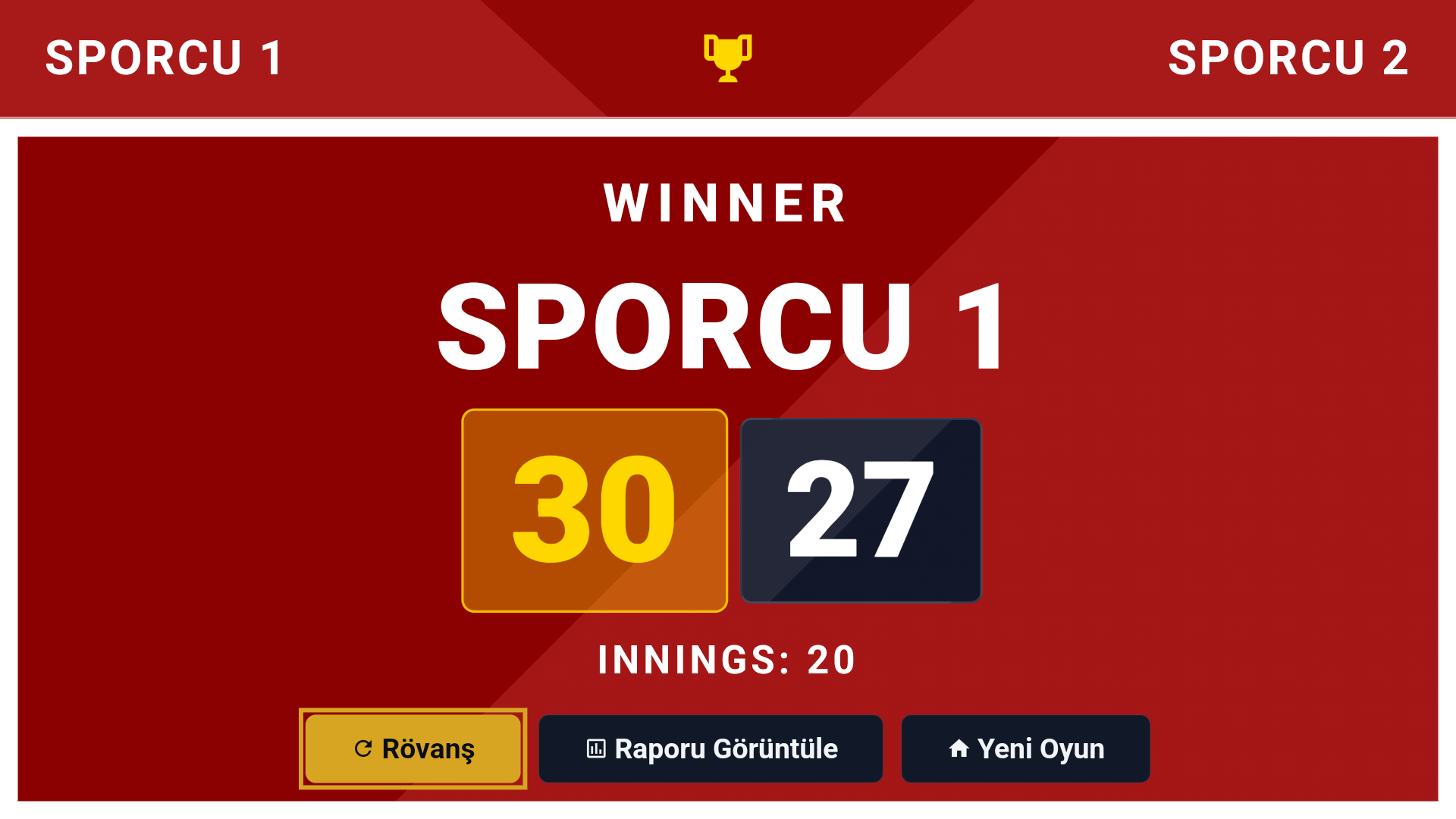 Bilardo dijital skorbord kazanan ekranı - Maç sonucu ve istatistik özeti